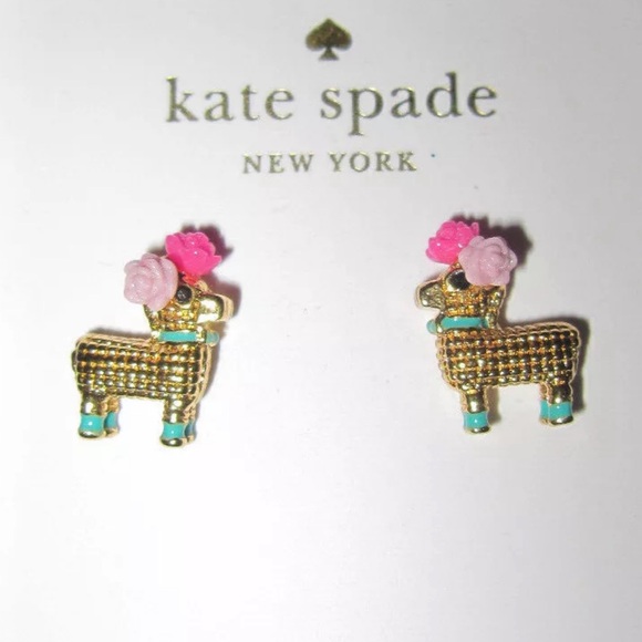 Kate Spade Lama Earrings 14KTSTS & PINK POM-POM & Turquoise Collar,Spade backs - Picture 1 of 6